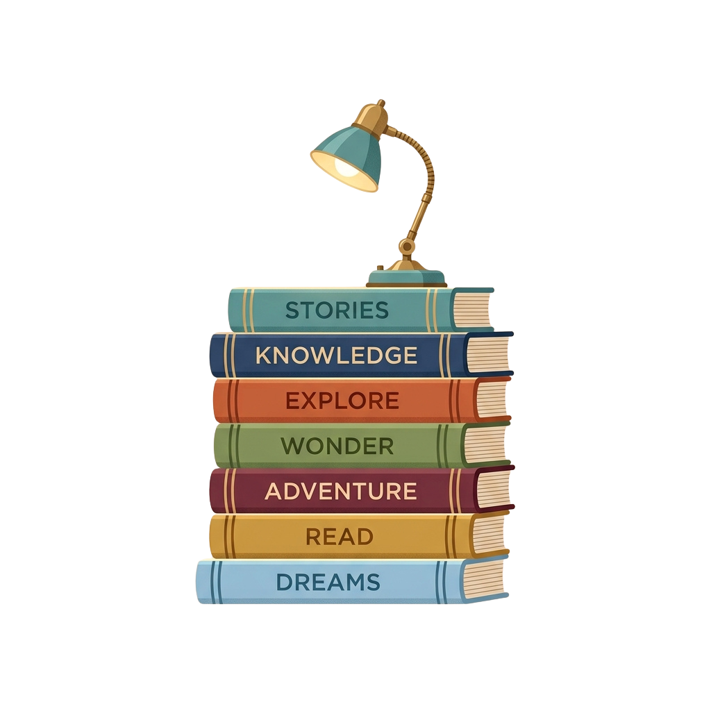 Illustration of a stack of colorful books with words like stories, knowledge, and dreams, topped with a desk lamp.