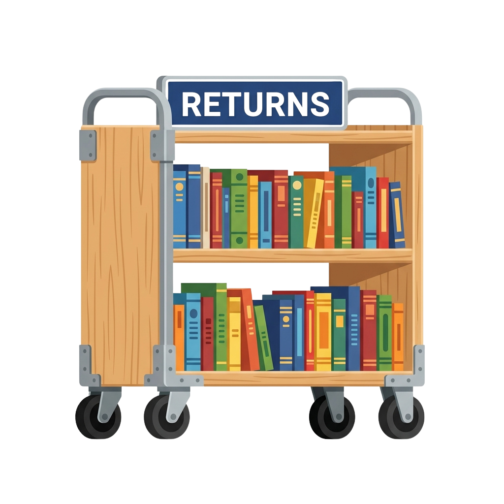 A mobile book cart labeled Returns filled with colorful books on two shelves