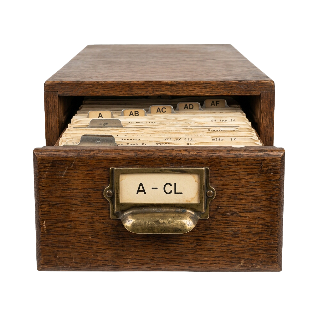 Open wooden drawer with labeled file folders from A to AF