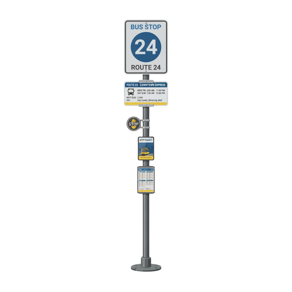Bus stop pole displaying route 24 sign, route 33 Downtown Express schedule, and stop request button