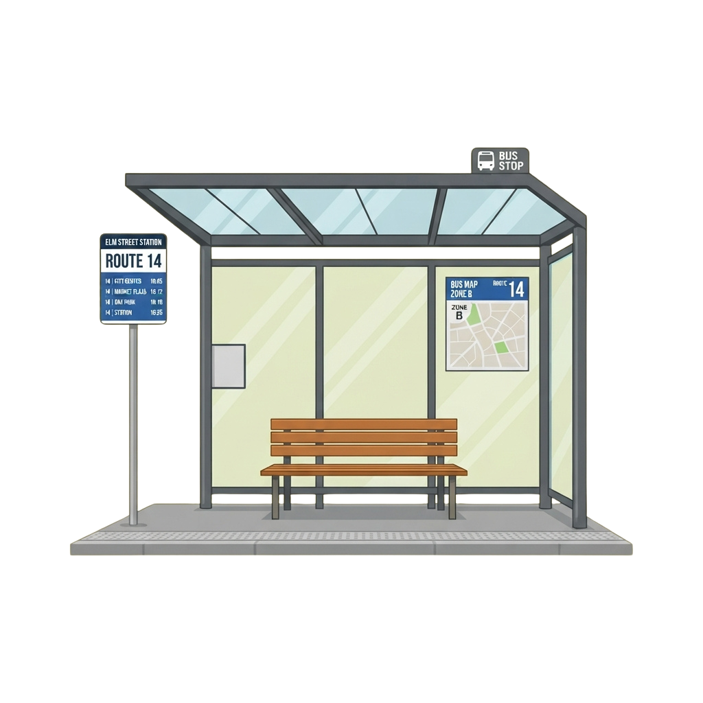 Illustration of a bus stop shelter with a bench, route sign for Route 14, and bus map display