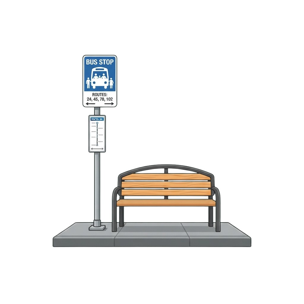 Illustration of a bus stop sign listing routes 24, 45, 78, 102 with a bench and digital clock