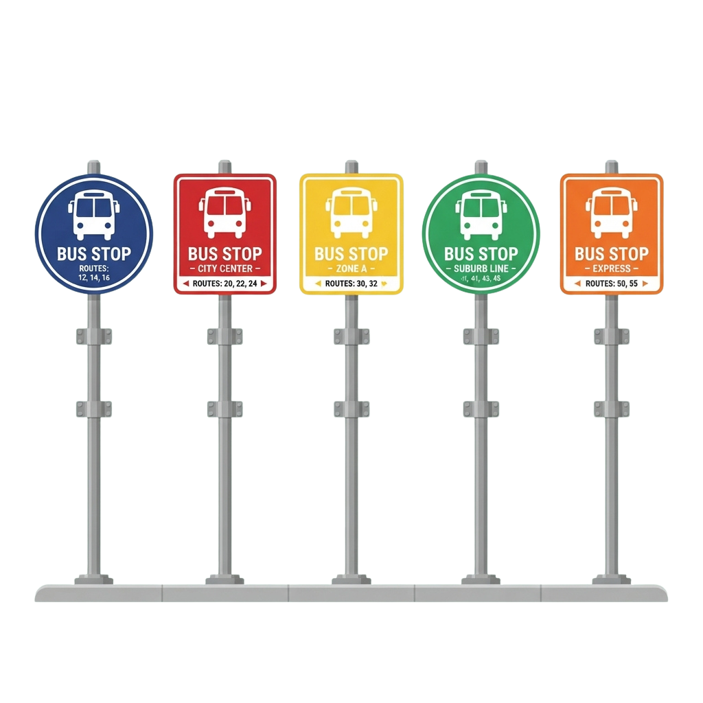 Five bus stop signs in different colors showing various bus routes and zones