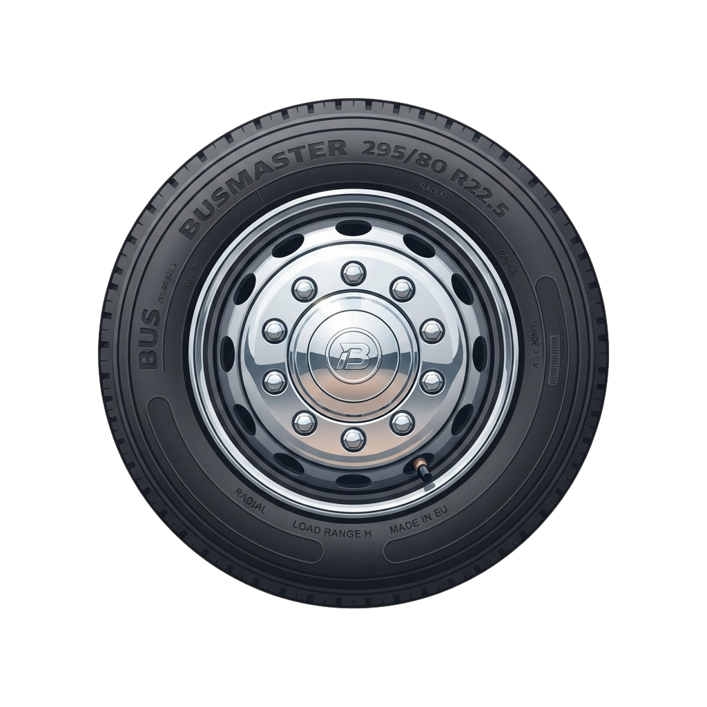 Close-up image of a BusMaster radial truck tire with size 295/80R22.5 and load range H markings