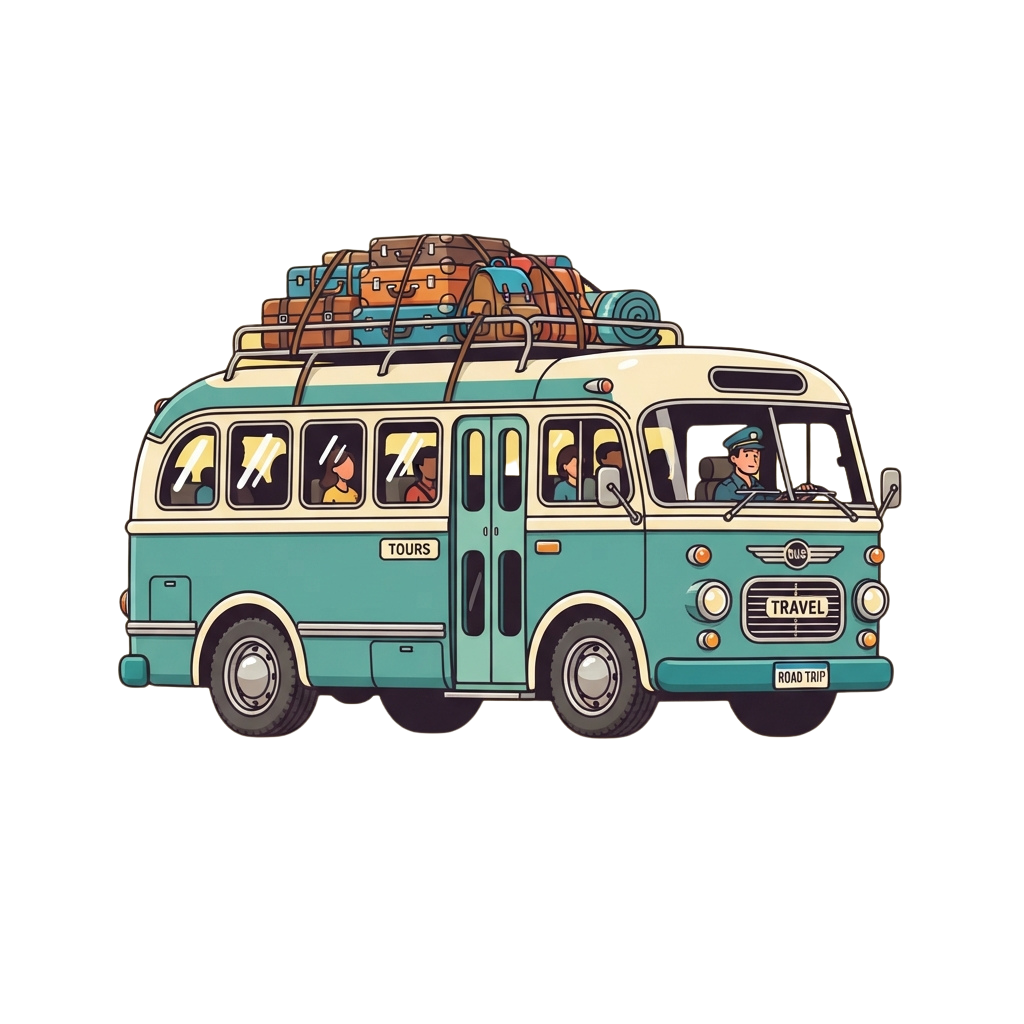 A vintage-style travel bus with luggage strapped on the roof and passengers inside, labeled for tours and travel.