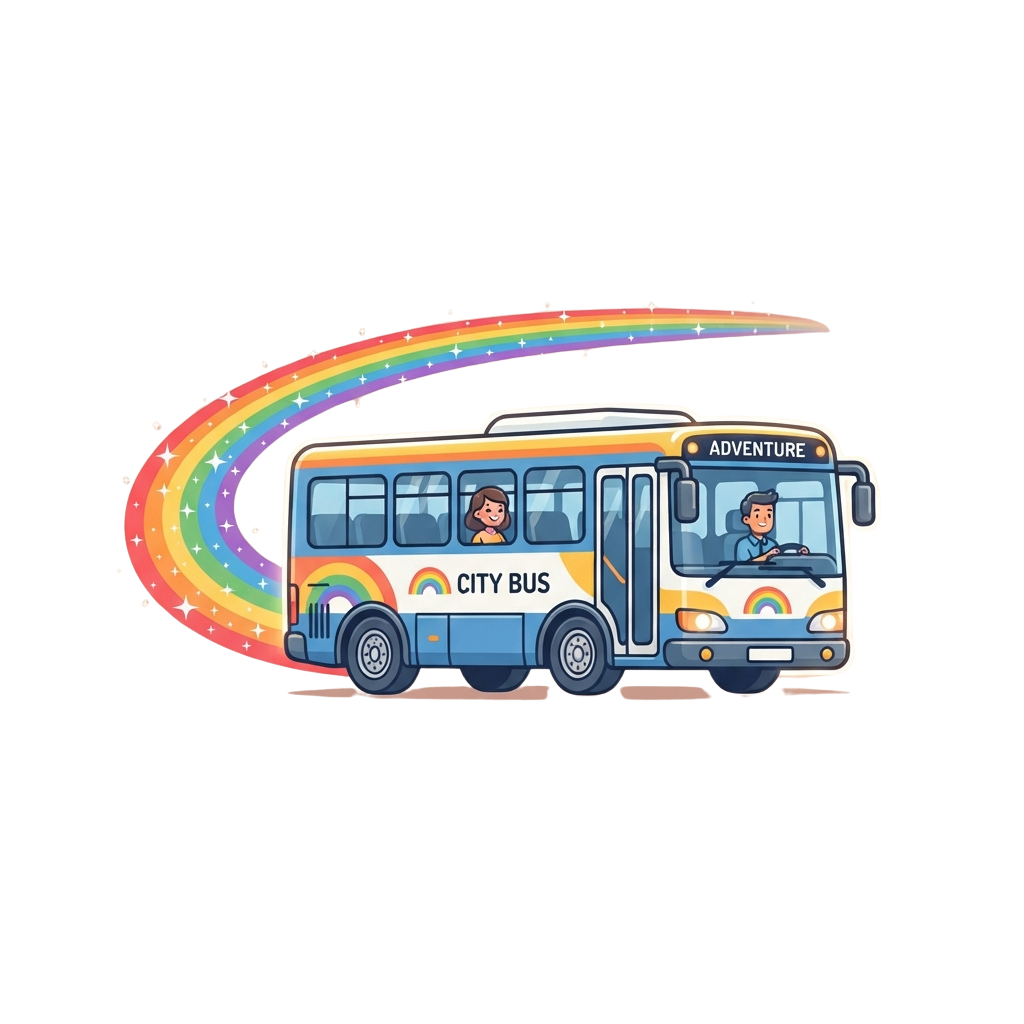 A cheerful city bus labeled Adventure with rainbow trail and two cartoon characters inside
