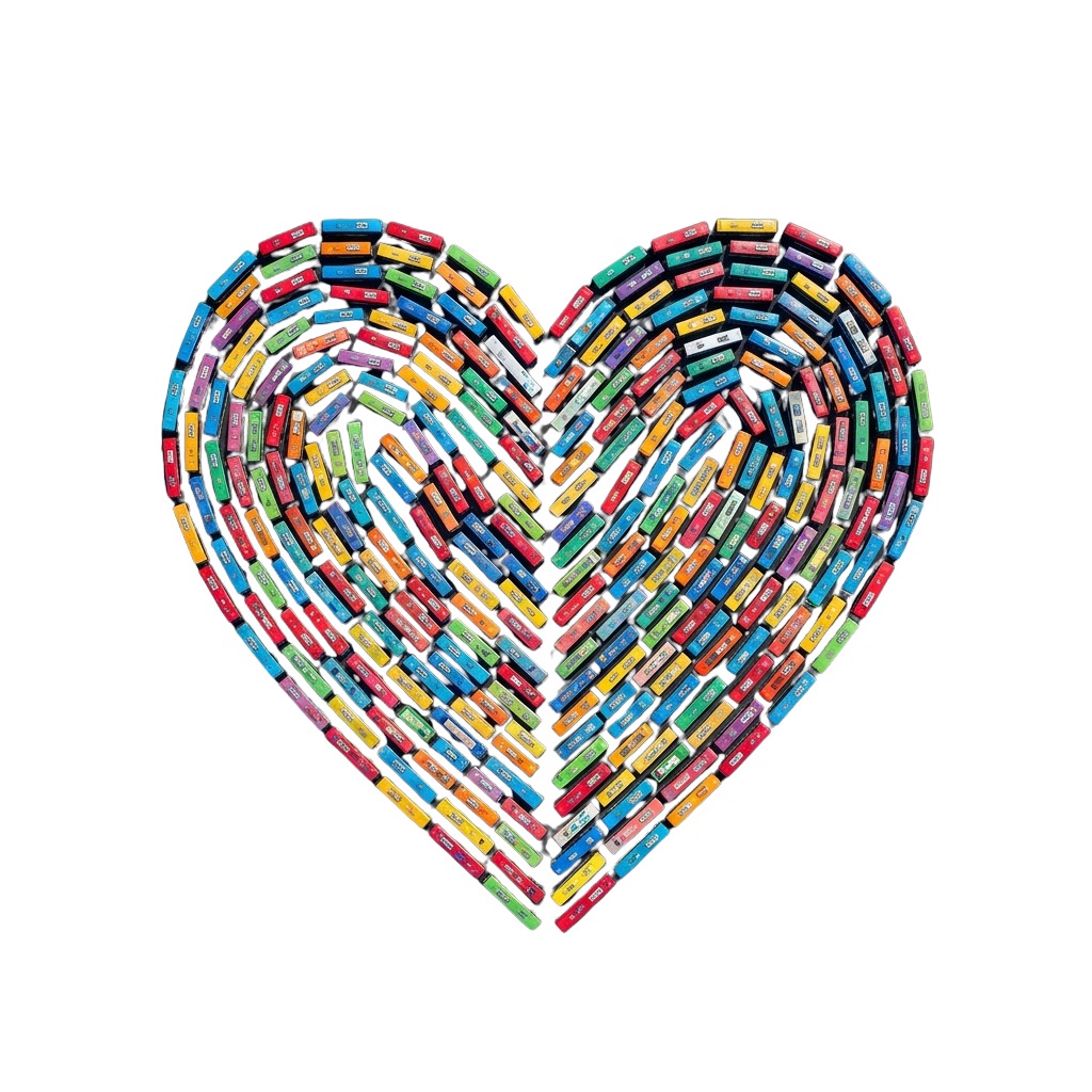 Brightly colored heart shape constructed from small rectangular blocks against a black background