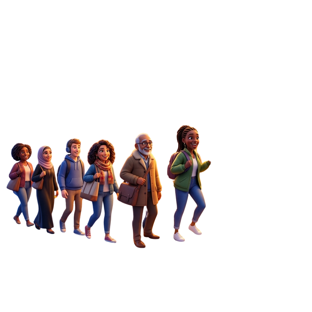 Five diverse cartoon characters walking together, smiling and carrying backpacks or bags.