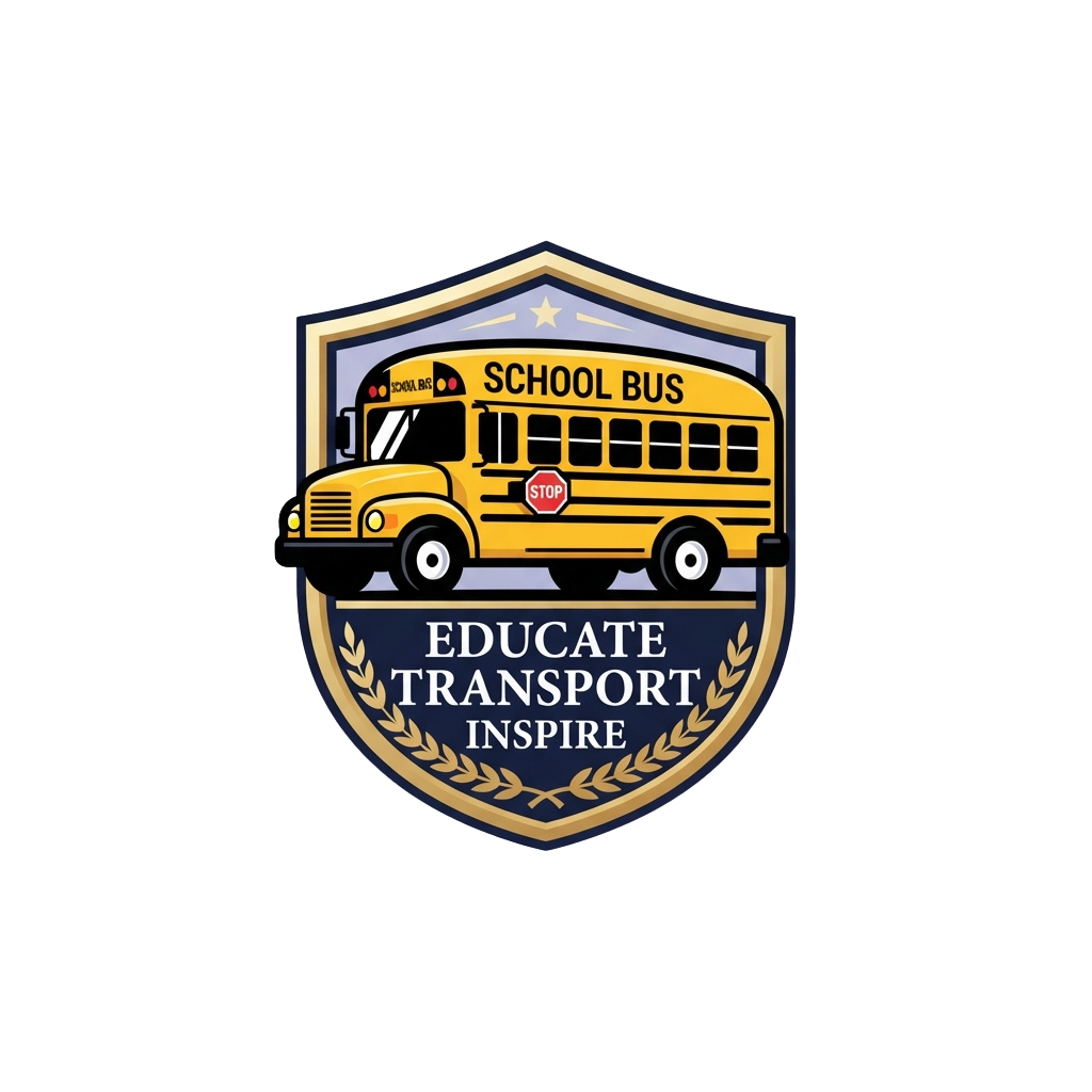 A colorful school bus logo with the words Educate Transport Inspire inside a shield-shaped badge