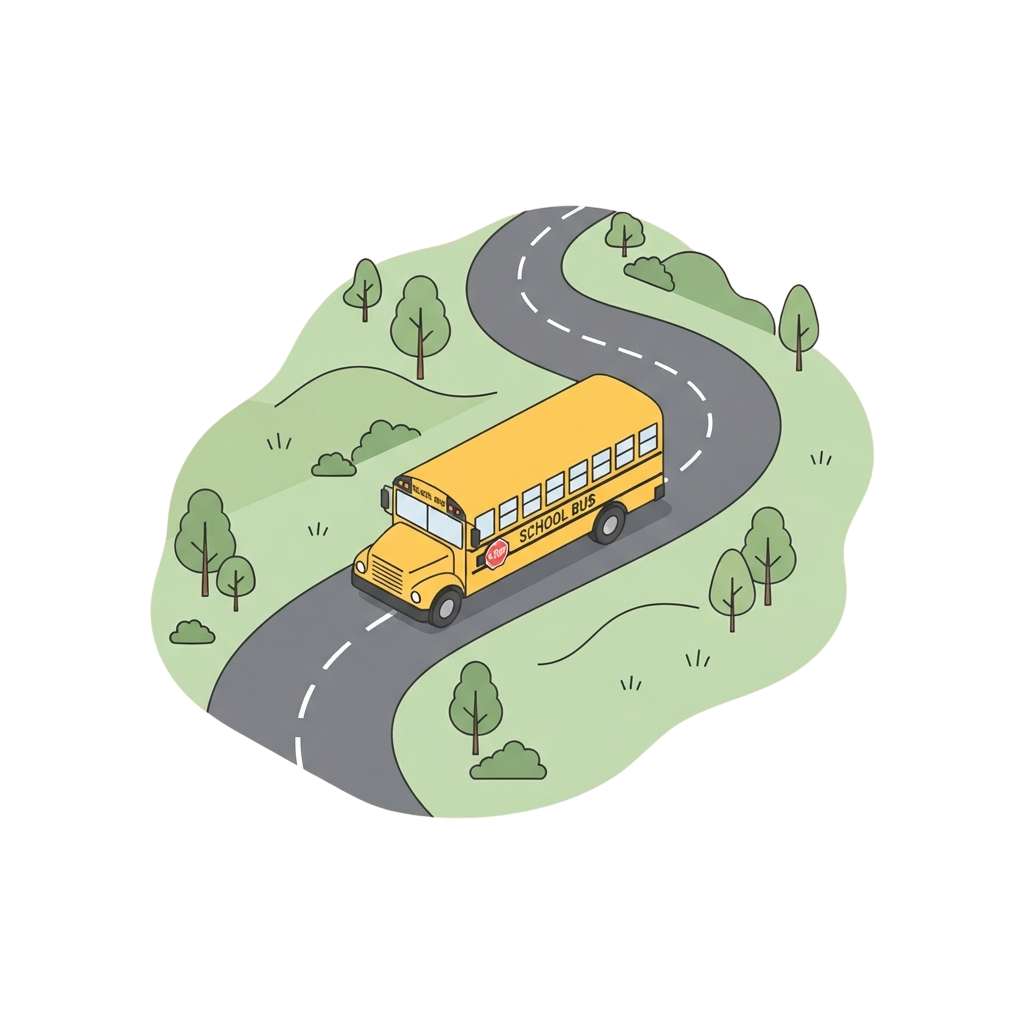 Illustration of a yellow school bus driving on a winding road through a green, hilly landscape with trees.