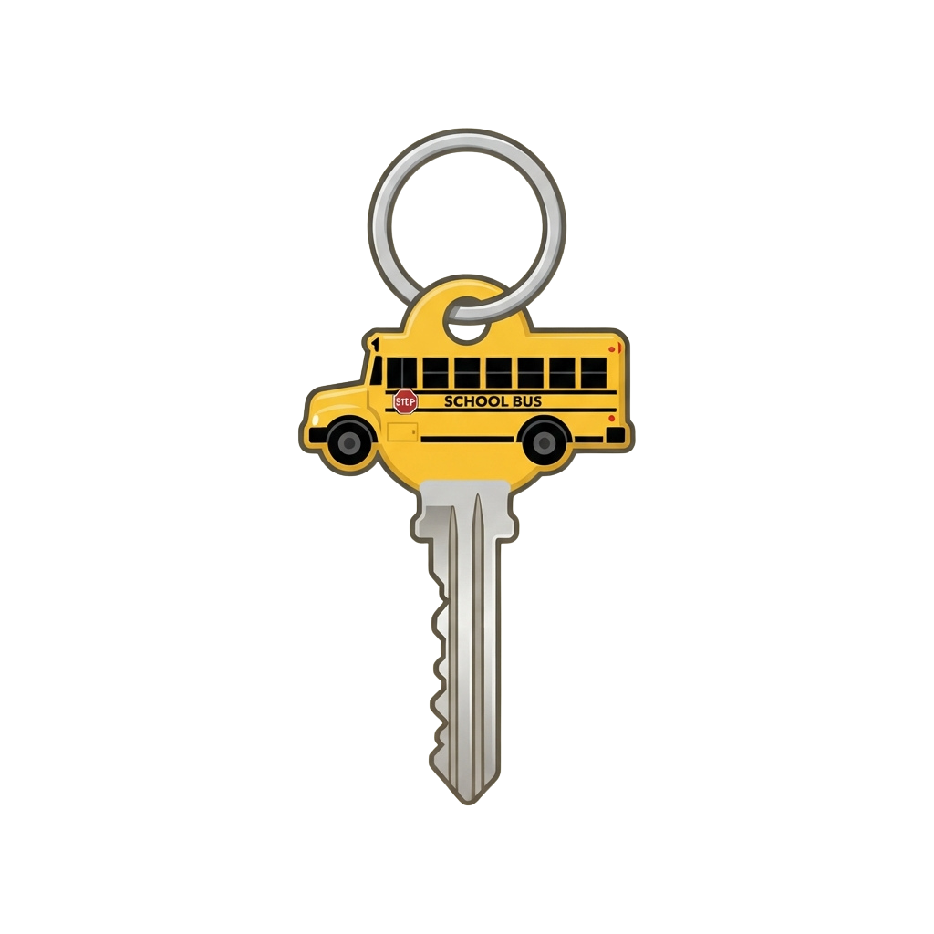 A key with a yellow school bus keychain top featuring black wheels and text reading School Bus