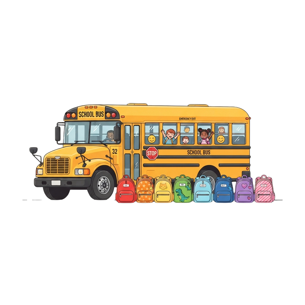 Illustration of a yellow school bus with children waving from windows and colorful backpacks lined up beside it