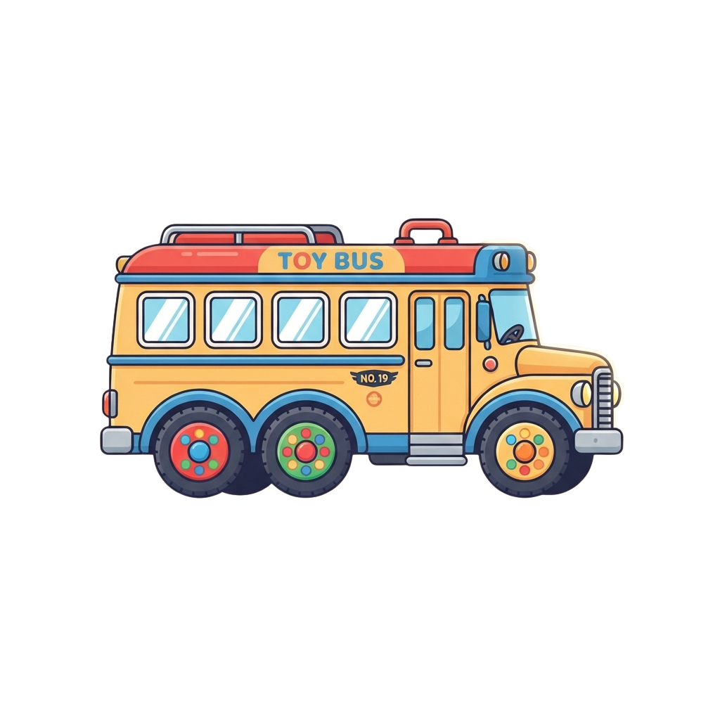 A cheerful cartoon school bus labeled Toy Bus with colorful wheels and a yellow body.