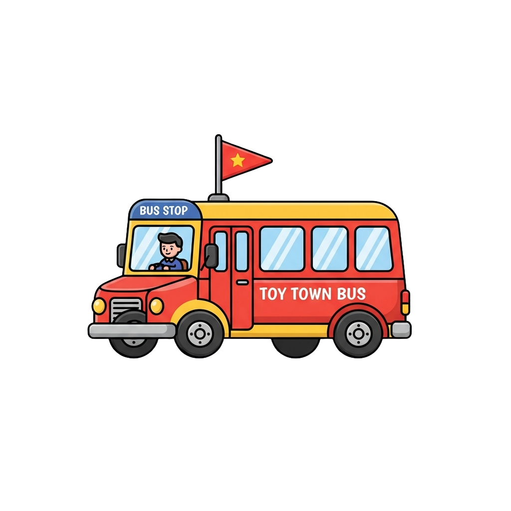 Illustration of a colorful toy bus labeled Toy Town Bus with a bus stop sign and a red flag on top