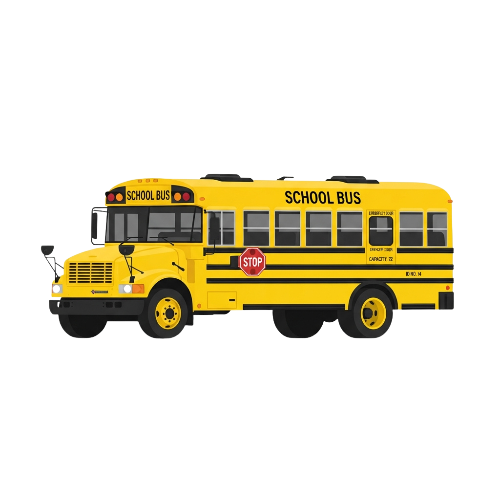 Illustration of a yellow school bus with stop sign and school bus signage