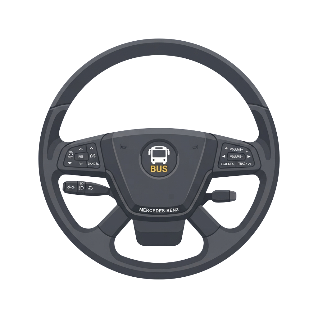 Steering wheel with bus mode indicator and control buttons for media functions