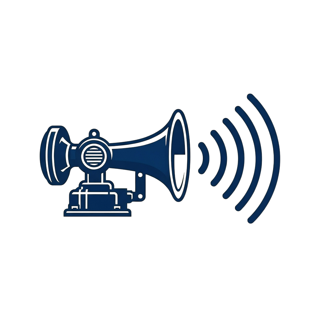 A stylized blue megaphone icon emitting sound waves against a dark background