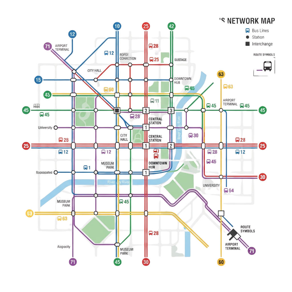 A colorful schematic map of a city transit network showing multiple interconnected routes and stations.