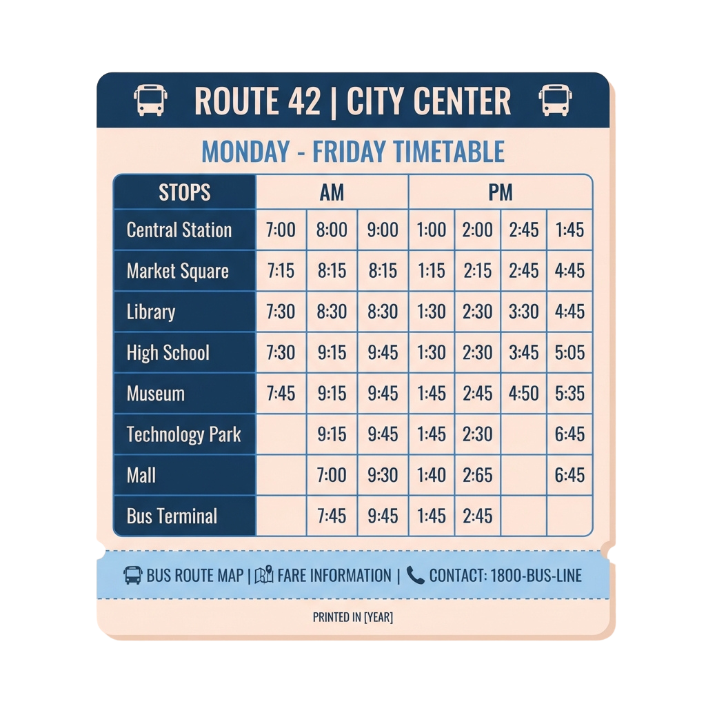 Bus timetable for Route 42 City Center showing Monday to Friday stops and times in AM and PM