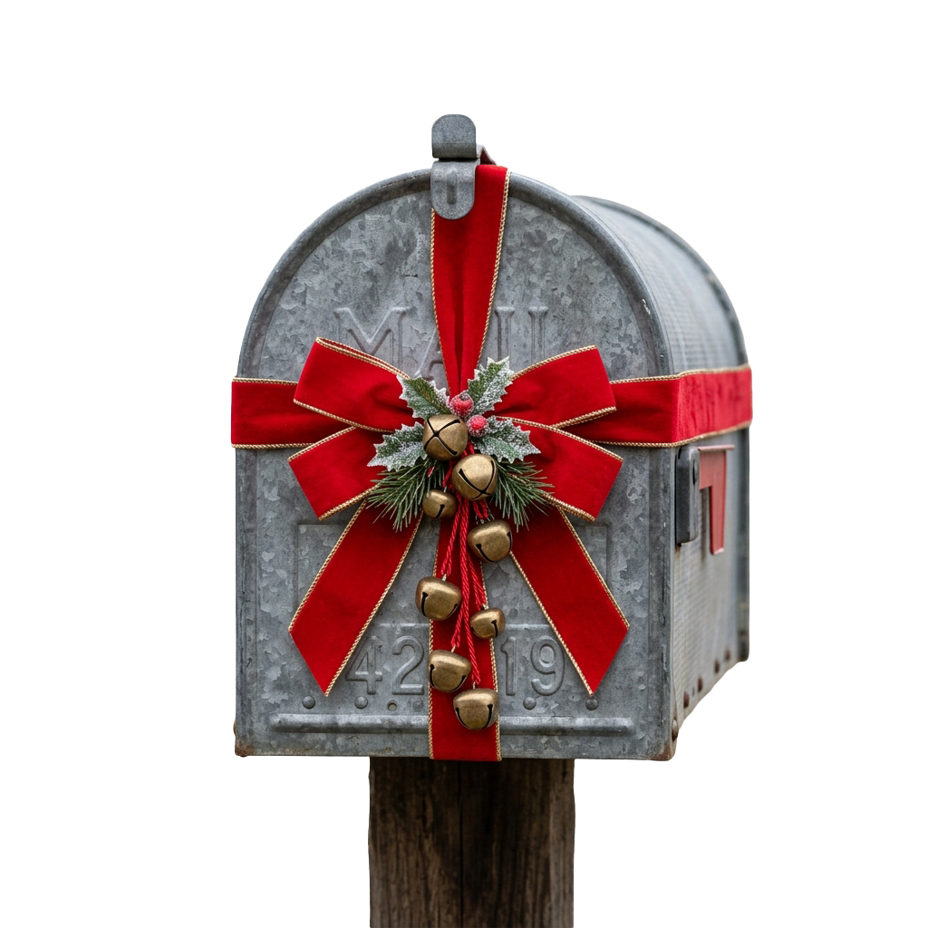 A metal mailbox adorned with a large red bow, greenery, and gold jingle bells for the holidays