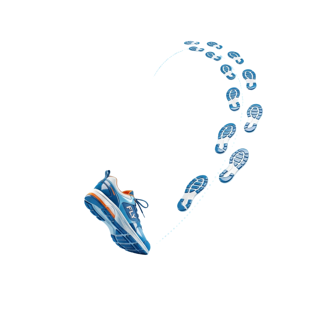 Animated sequence showing a running shoe and multiple blue footprints in mid-air