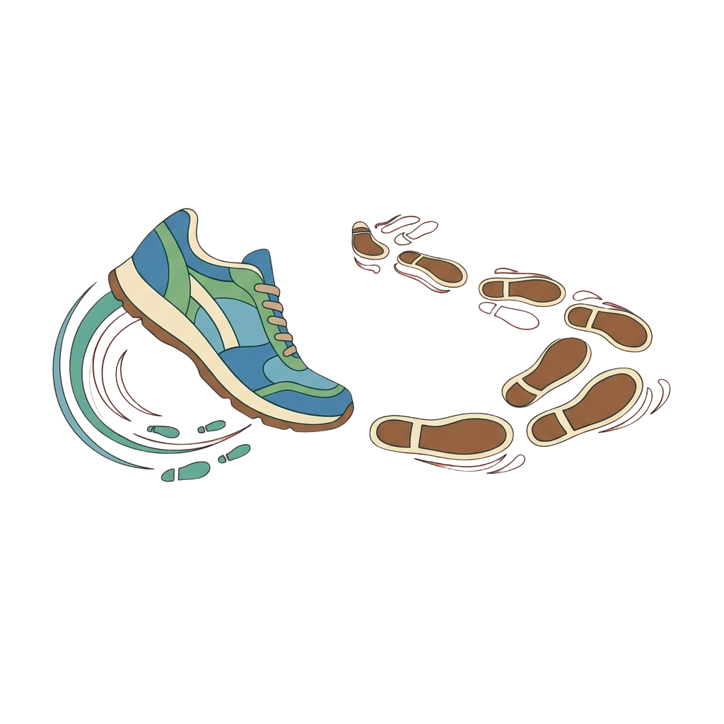 Illustration of a colorful sneaker and matching footprints on a black background