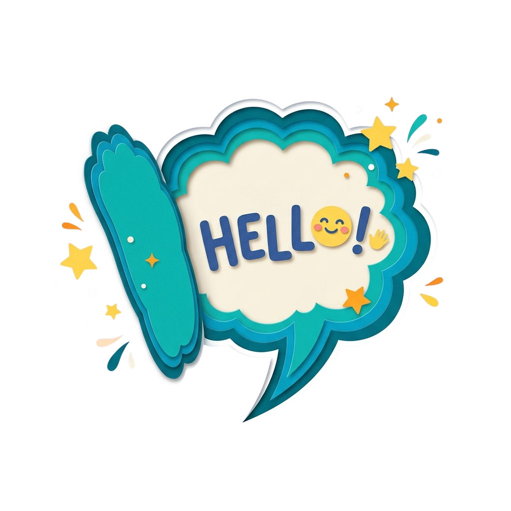 Speech bubble with HELLO text, emoticons, and sparkles in a cheerful blue and white design