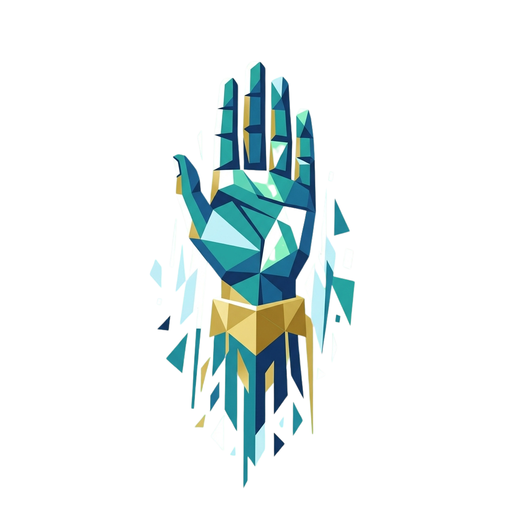 A stylized hand holding a faceted crystal made of geometric shapes with a gradient of blue and gold tones