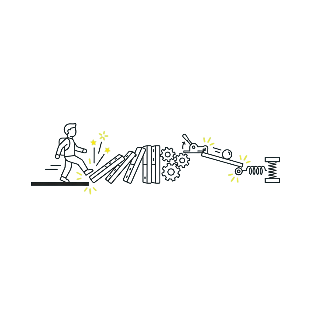Illustration showing a person knocking over dominoes transforming into an automated assembly line with gears and conveyor belts
