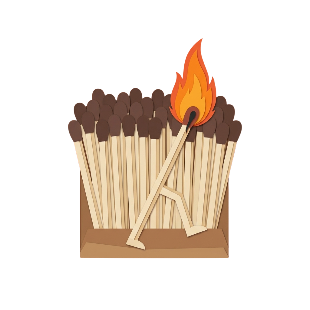 A graphic of numerous matchsticks arranged upright with one match lit, creating a flame.