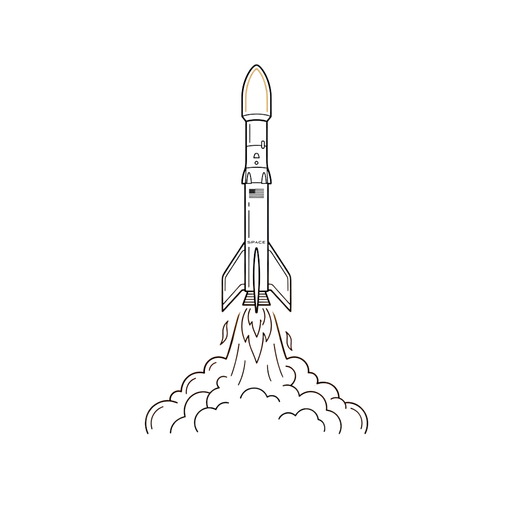 Illustration of a rocket lifting off with flames and smoke at the base