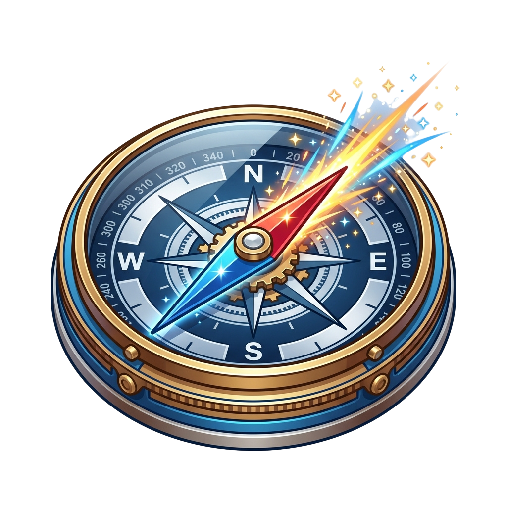 Illustration of an antique brass and blue compass with a rocket launching from the center arrow.