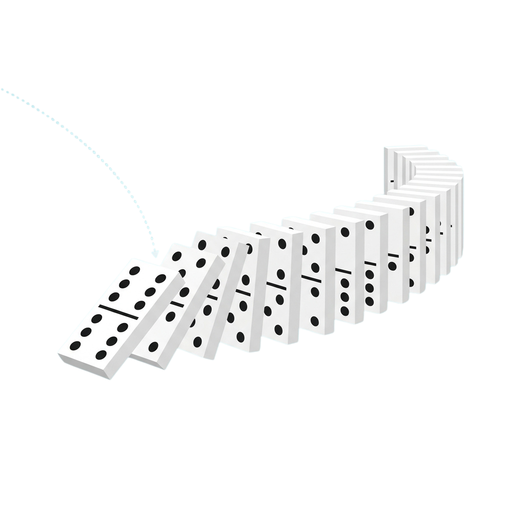 A sequence of dominoes falling in a curved line against a black background