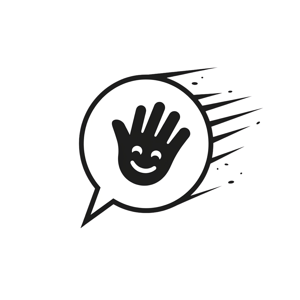 A smiling hand icon inside a speech bubble with motion lines.