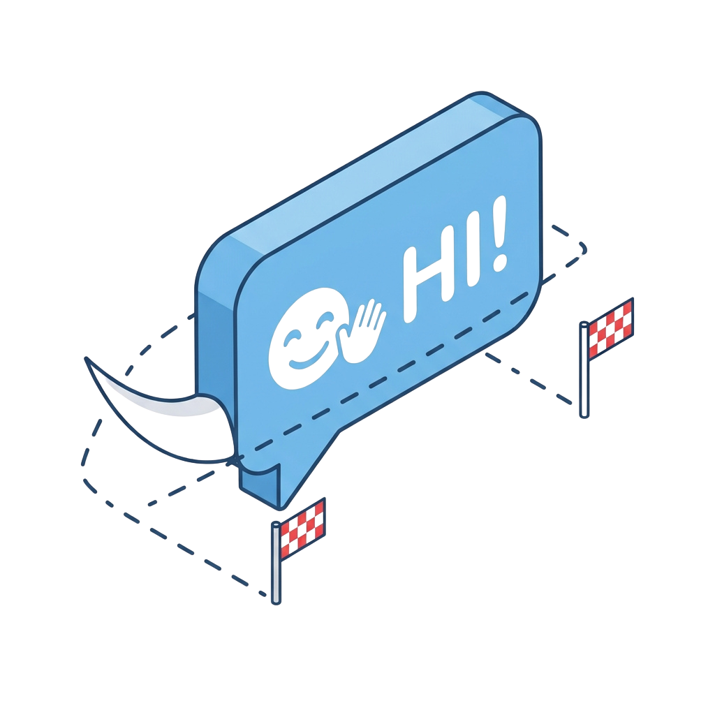 A 3D speech bubble with a hand waving emoji inside and the word HI in bold letters.