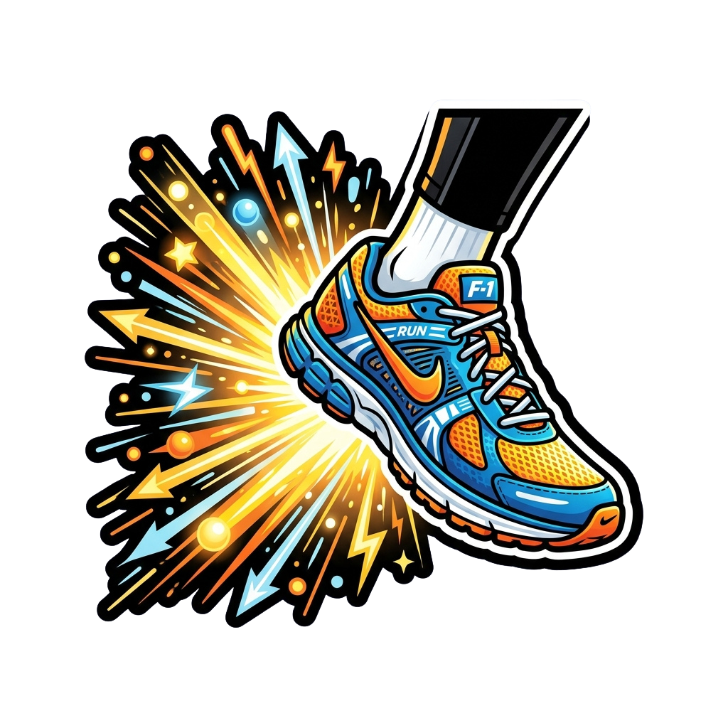 Illustration of a running shoe emitting bright rays and sparks against a dark background