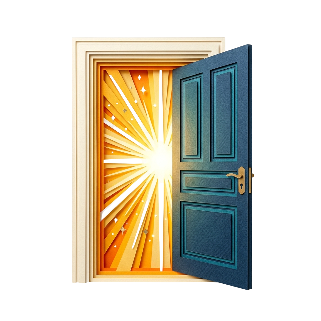 An open door showing bright, warm light radiating from behind it, symbolizing opportunity or positivity