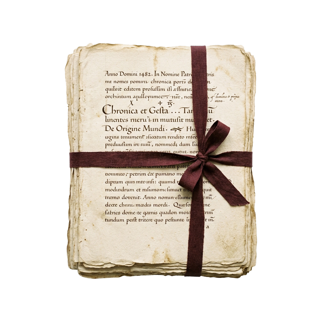 Aged parchment pages tied with a burgundy ribbon, resembling an old manuscript or historical book.