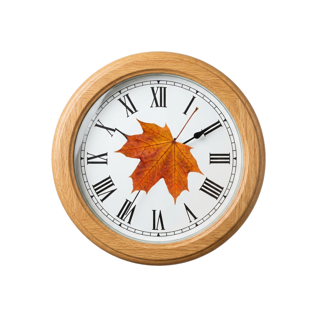 Wooden clock with Roman numerals and a decorative autumn maple leaf at its center