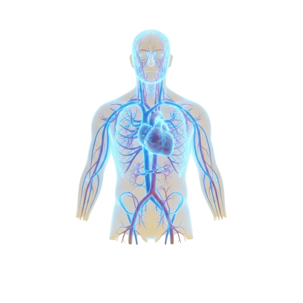 Illustration of the human circulatory system viewed from the front, showing arteries in blue and veins in red