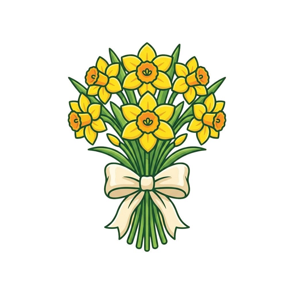 A bouquet of bright yellow daffodils tied with a white ribbon against a black background