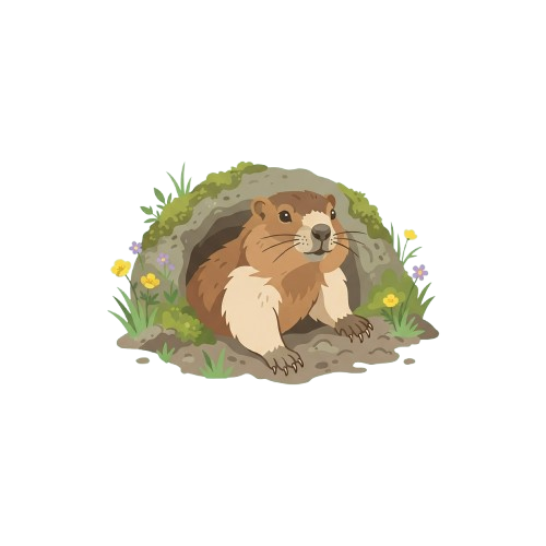 A cartoon groundhog sitting outside its burrow surrounded by small flowers and greenery