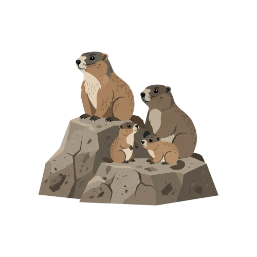 Illustration of three prairie dogs sitting on rocky formations, one adult and two juveniles.