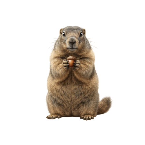 A groundhog sitting upright on its hind legs holding a small object in its front paws