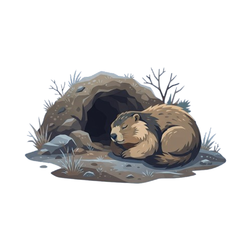 A groundhog resting peacefully near the entrance of its burrow surrounded by rocks and grass.