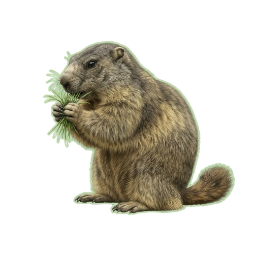 A groundhog sitting and eating a bunch of green leaves