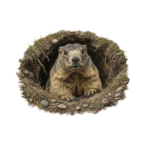 A groundhog sitting inside a burrow with dirt and vegetation around it