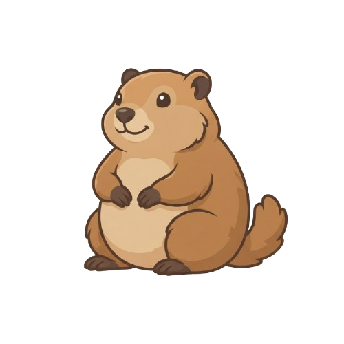 A cheerful cartoon groundhog sitting upright with its front paws together