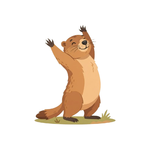 A cheerful cartoon bear standing upright on its hind legs with arms raised and eyes closed