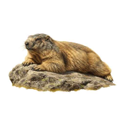 A groundhog sitting relaxed on a rocky surface with a yellowish-green plant in its mouth